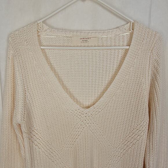 Zara knits ivory vneck tunic sweater Size large Clean Girl Preppy Minimal - Picture 4 of 7
